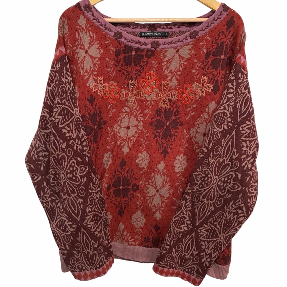 Gudrun Sjödén knit sweater featuring floral embroidery and patterned sleeves